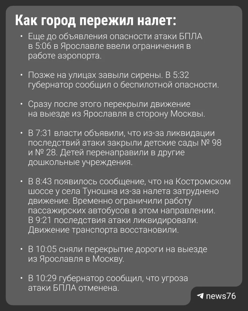 67 БПЛА атаковали Ярославль: обломки попали в автобус, погиб один человек и ещё 27 пострадали. Подробности ниже.