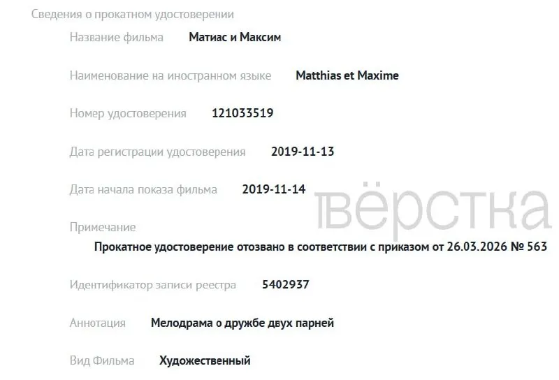 С 1 марта ведомство отозвало прокатные удостоверения трёх зарубежных и четырёх российских картин; в реестре причины не раскрываются.