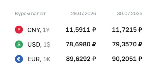 Официальный курс на 30 июля: доллар — ₽79,36; евро — ₽90,21; юань — ₽11,72. Доллар не превышал ₽79 с 4 апреля.