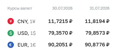Официальный курс на 31 июля: доллар — 79,86 ₽, евро — 90,88 ₽, юань — 11,82 ₽. По курсу ЦБ проходят расчеты по облигациям и фьючерсам.