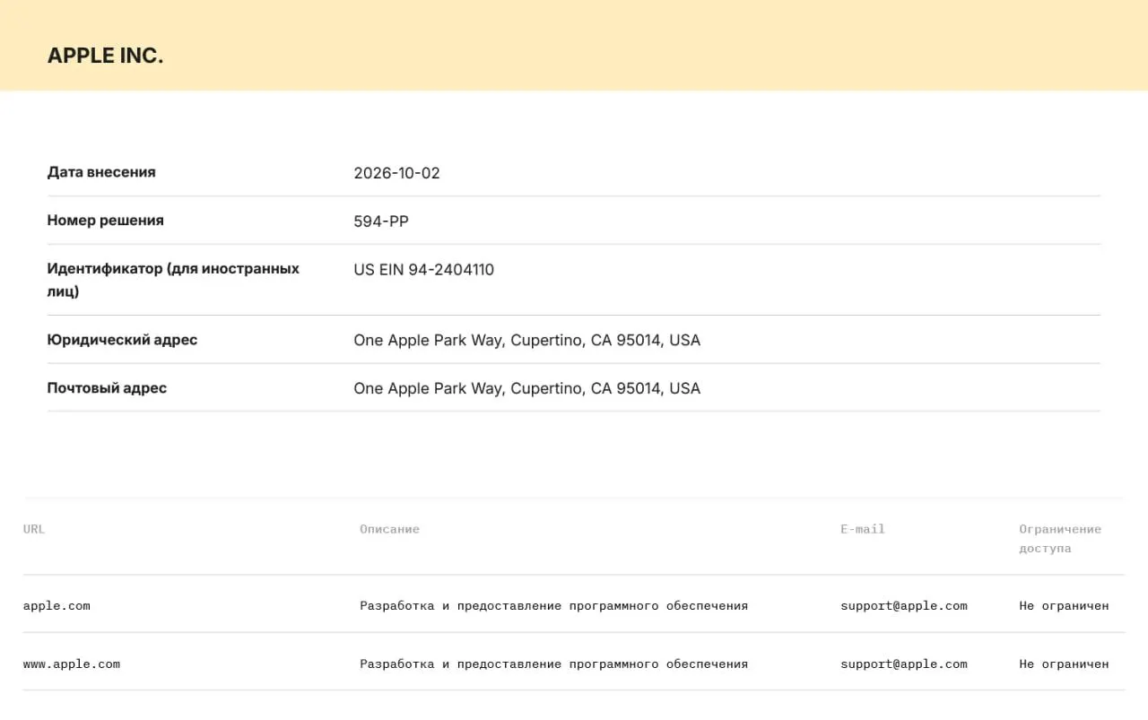 Роскомнадзор включил Apple и Microsoft в реестр организаторов распространения информации; компании обязаны хранить данные о действиях пользователей на серверах в РФ и передавать их ведомствам по первому требованию. За отказ — штрафы и блокировка сервисов.